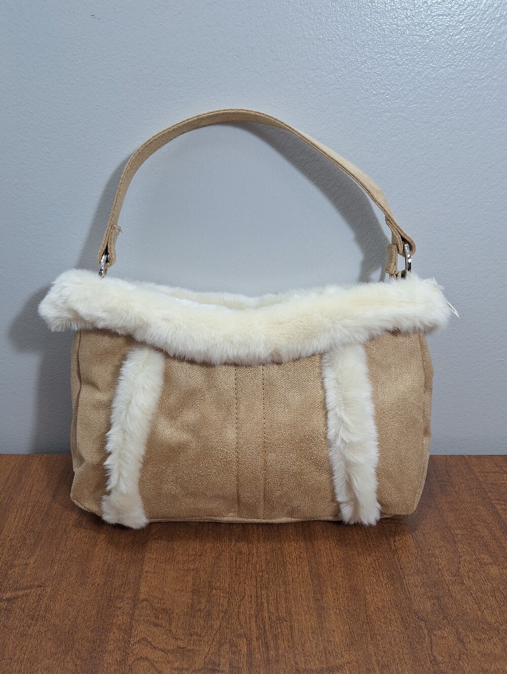 NWT Bath & Body Works Tan Cream Suede & Faux Fur 10 X 8 In Shoulder Bag Purse